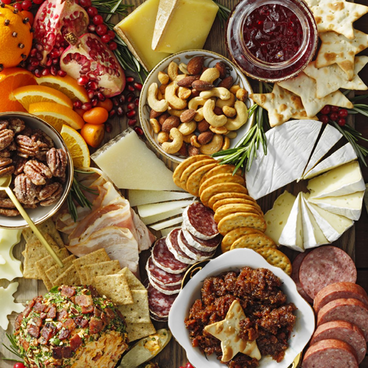 Festive Holiday Cheese Board Bowls And Cheese Ball