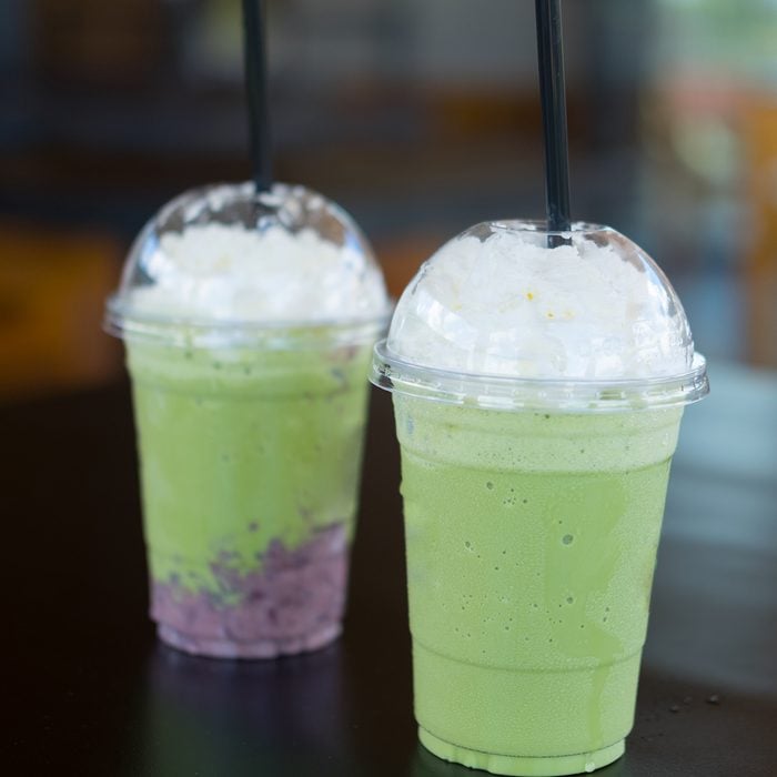 Milk green tea smoothie and Red bean milk green tea smoothie with whipped cream