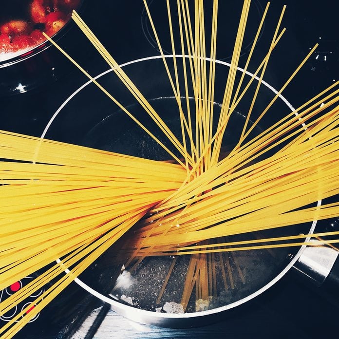 Directly Above Shot Of Raw Pasta In Saucepan