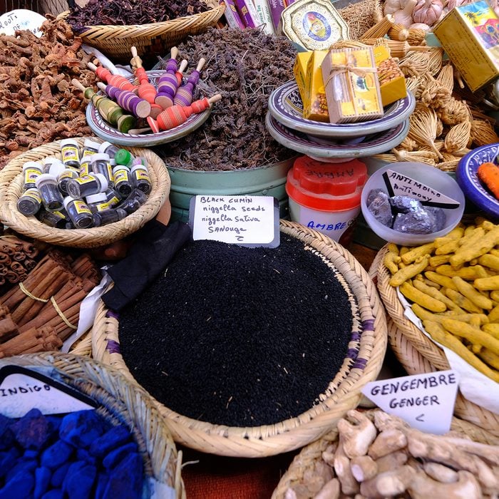 MARRAKESH, MOROCCO - NOVEMBER 7: Nigella seeds and other souvenirs are piled up outside a souvenir store in the medina district of Marrakesh, Morocco on November 7, 2018. (Photo by Yuriko Nakao/Getty Images)