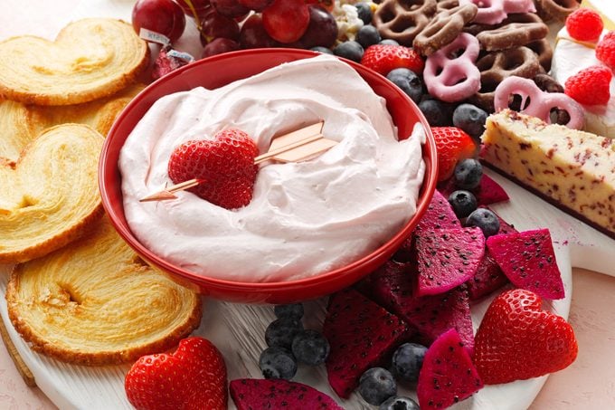 Valentines Day Board close up of fruit dip