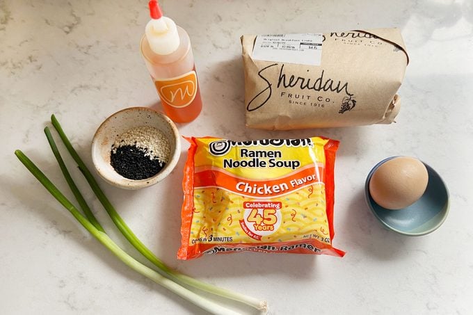 ingredients for breakfast ramen on a countertop