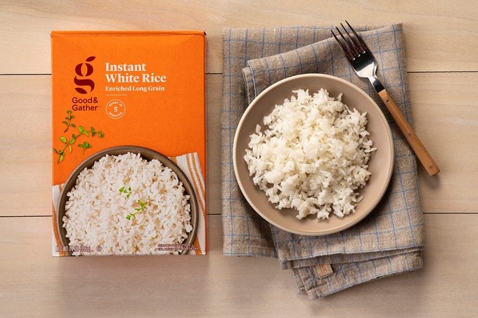Overhead Shot Of Good & Gather White Rice In Package And On Plate
