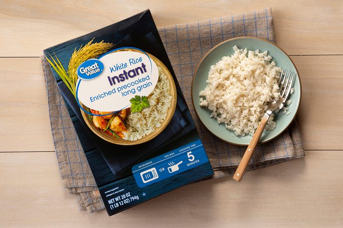 Overhead Shot Of Great Value White Rice In Package And On Plate