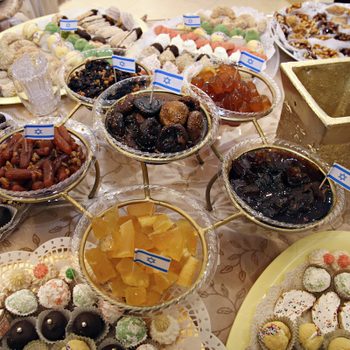 A table of sweets and jams for Mimouna, a traditional North African Jewish celebration held the day after Passover.