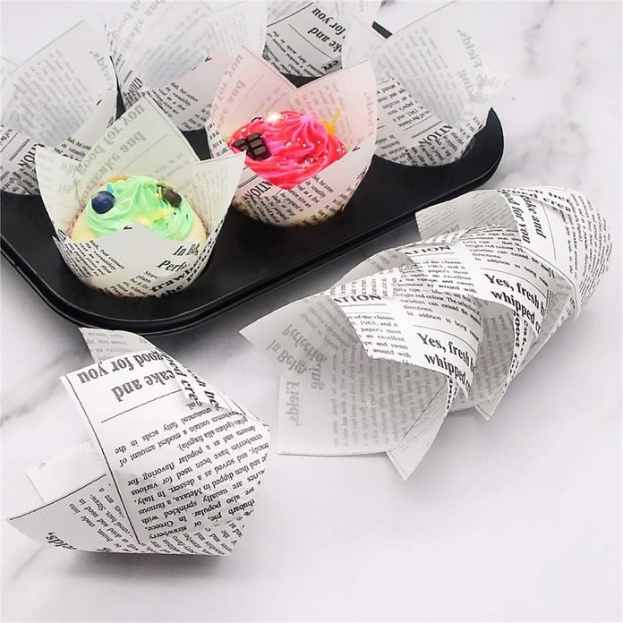 150pcs Tulip Cupcake Liners Baking Cups Muffin Holders Baking Liners Rustic Cupcake Wrappers for Wedding, Birthday, Baby Shower Parties, Standard Size, White Newspaper Printed
