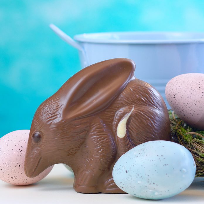 easter traditions around the world Australian milk chocolate Bilby Easter egg with eggs in nest against a blue and white background