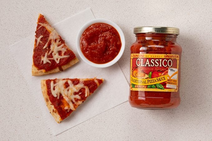 Classico Pizza Sauce In Jar, In Small Bowl And On Pizza Slices