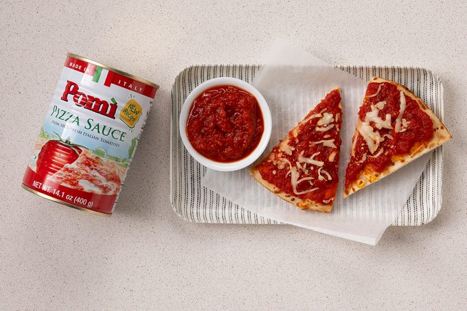 Pomi Pizza Sauce In Can, In Small Bowl And On Pizza