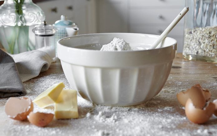 Baking substitutes Bowl Of Mixing Dough In Messy Kitchen