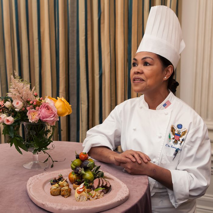 White House Executive Chef Cristeta "Cris" Comerford, speaks to press, showing a sample of the dinner that will be served at the Italy State Dinner, during a press preview in the State Dining Room of the White House.  in Washington, DC, USA, on October 17th, 2016. (Photo by Cheriss May/NurPhoto via Getty Images)