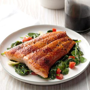 Air-Fryer Roasted Salmon with Sauteed Balsamic Spinach