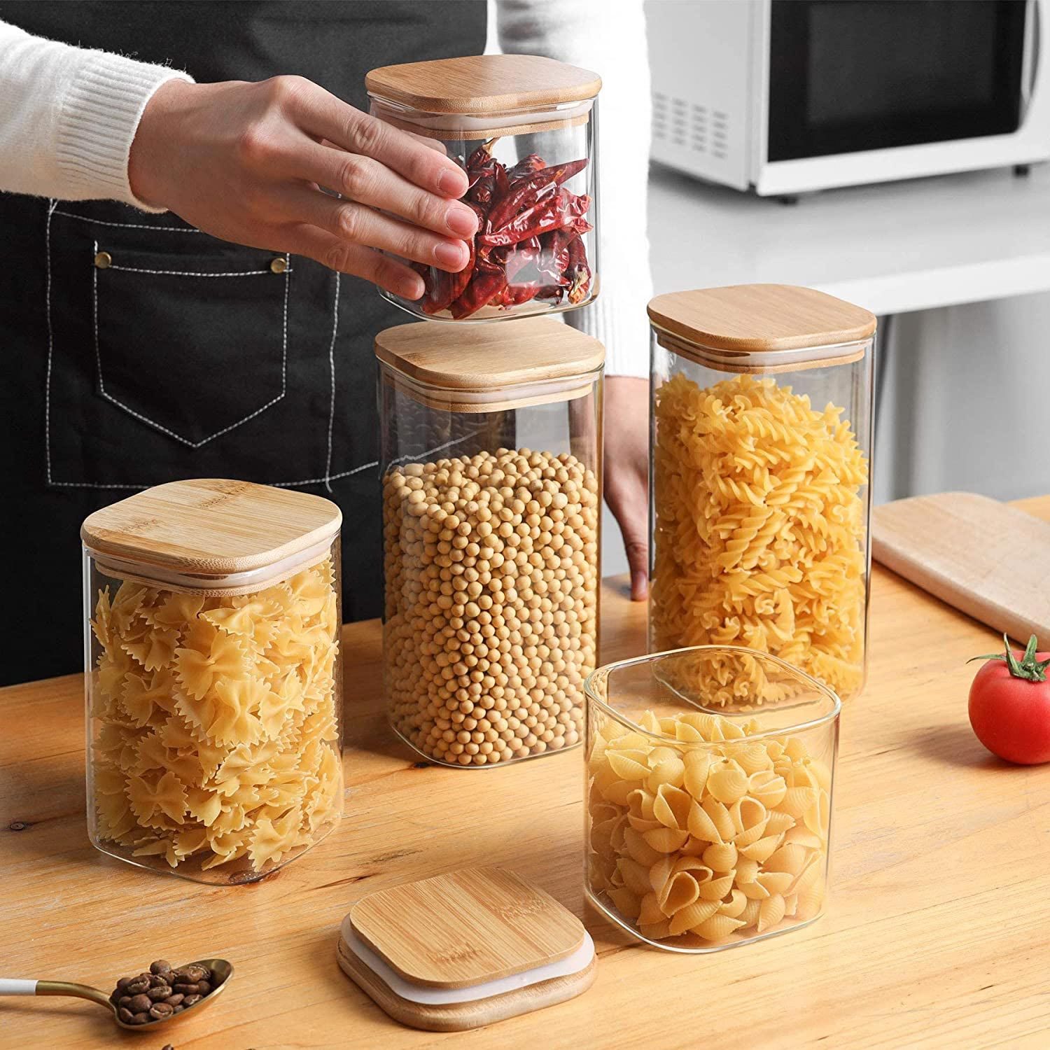Glass Square Food Storage Container With Airtight Bamboo Lid, Stackable  Kitchen Pantry Clear Canisters For Cookie, Candy, Sugar, Coffee Bean,  Pasta