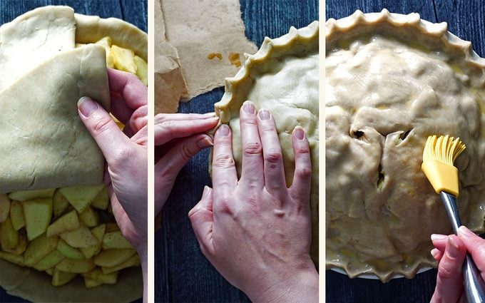 Apple Pie In A Bag laying a crust on the pie and preparing the edges