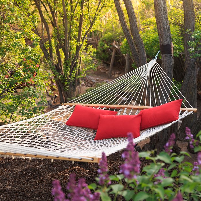 backyard entertainment ideas Hammock With Three Red Pillows