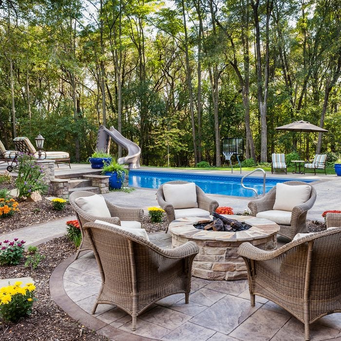 backyard entertainment ideas Patio Fire Pit By Swimming Pool