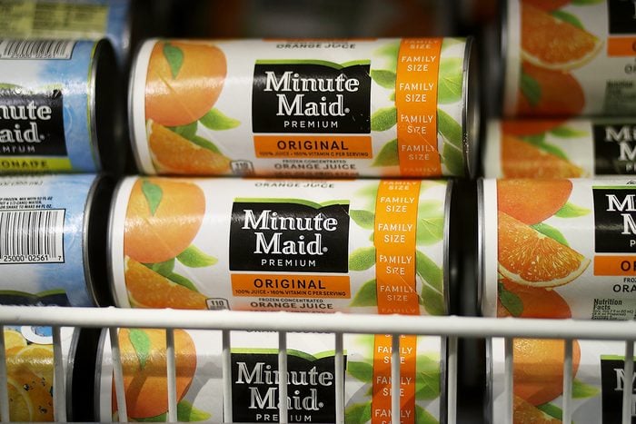 SAN RAFAEL, CA - AUGUST 30: Minute Maid frozen orange juice is displayed in a freezer at a grocery store on August 30, 2016 in San Rafael, California. Demand for frozen concentrated orange juice has declined to an all-time low as smoothies and energy drinks become more popular with consumers. (Photo by Justin Sullivan/Getty Images)