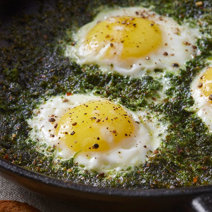 Fried Eggs in Basil Pesto with Toast
