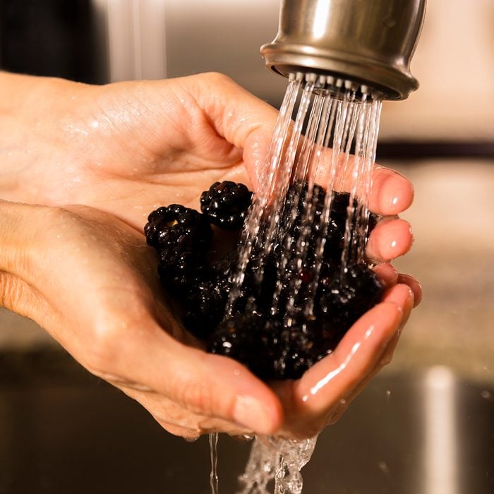 how to wash berries Woman washing a hand full of fresh ripe blackberries at her kitchen sink. Water sprays softly on the berries so they are not damaged. Double sinks with granite counter tops are in this new modern home.