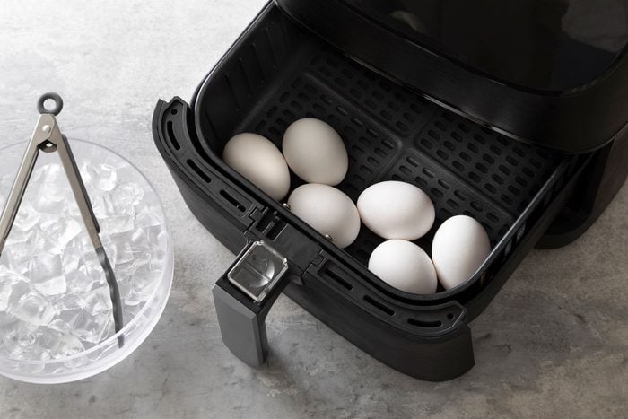 Eggs in Air Fryer and ice in bowl