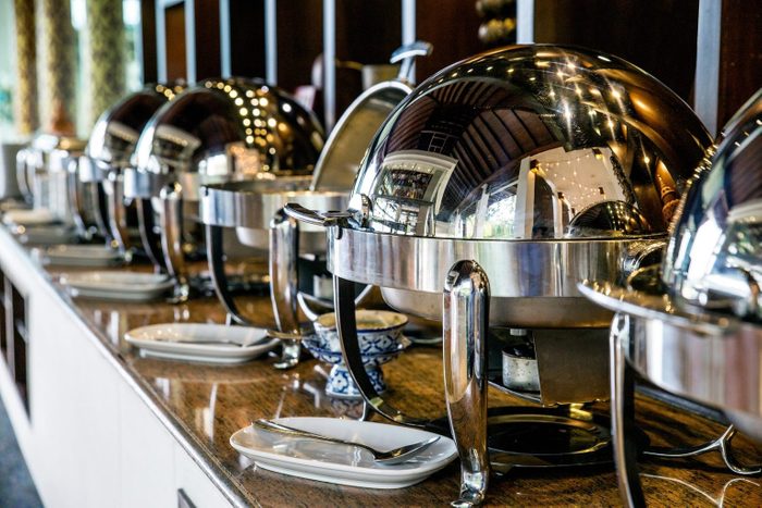 buffet food trays at a hotel