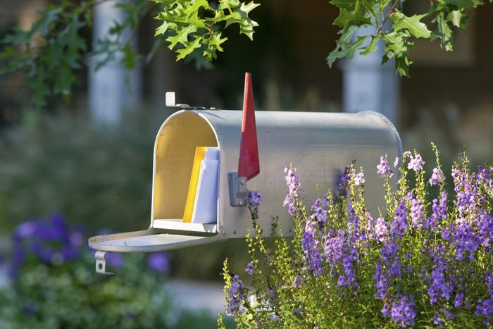 open mailbox with mail and flowers
