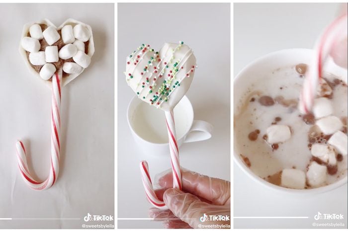 Collage Of Tiktok Showing How To Make Candy Cane Hot Cocoa Pops