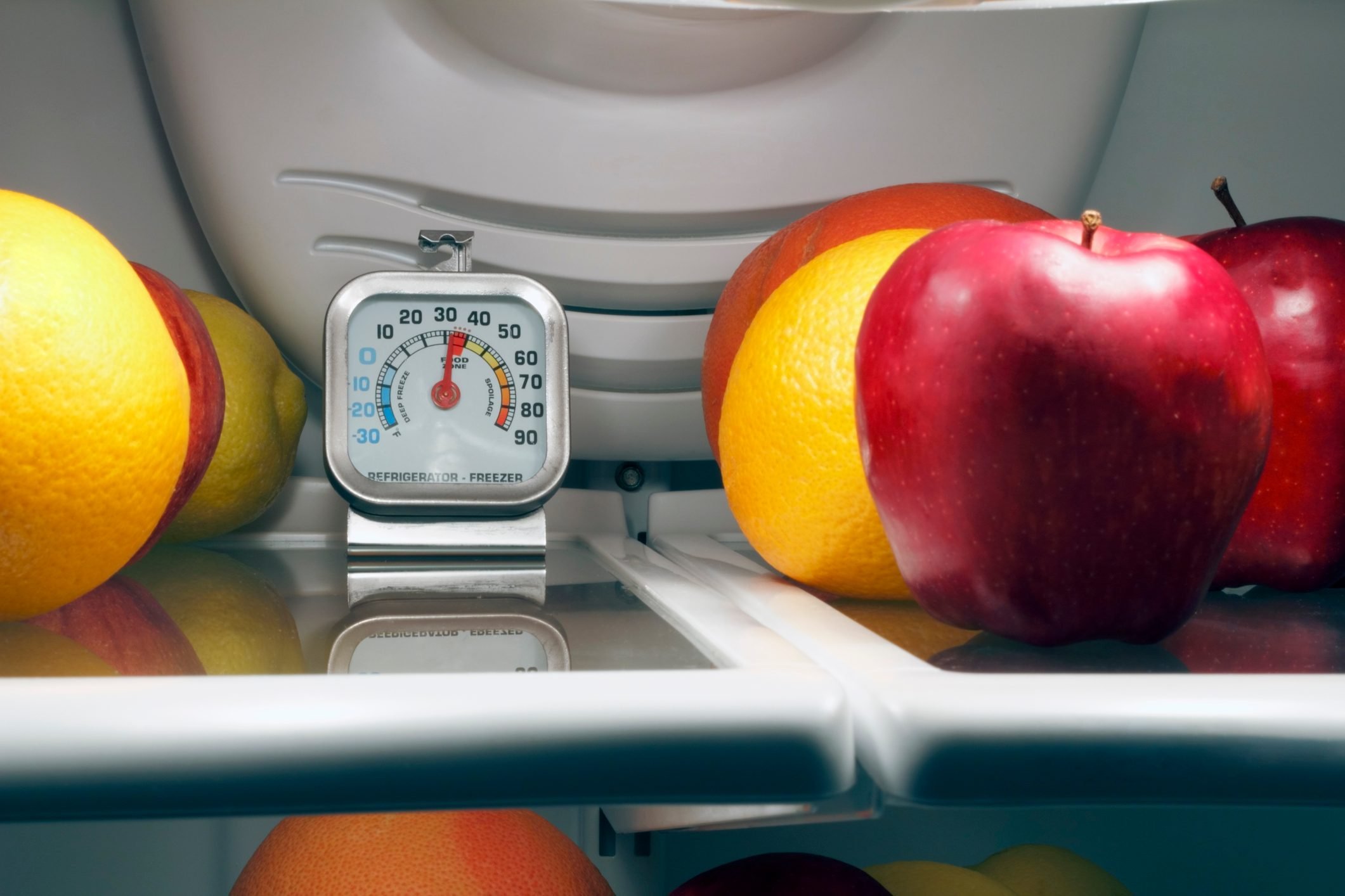 thermometer on a shelf in a refrigerator showing the ideal refrigerator temperature