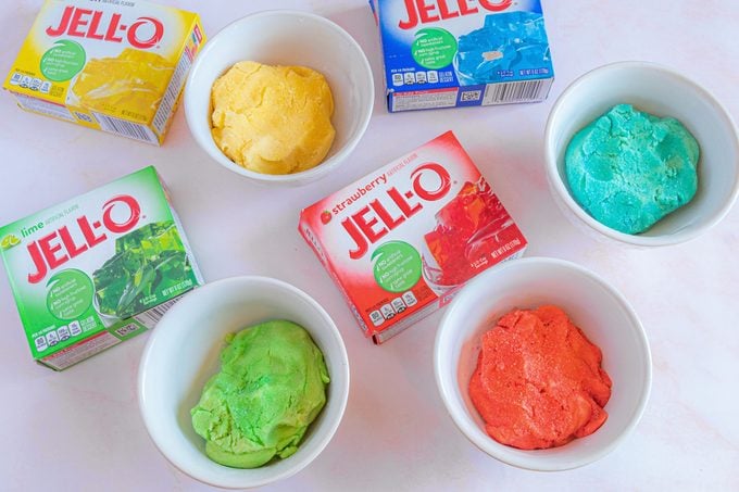 different bowls of colorful dough for jello cookies