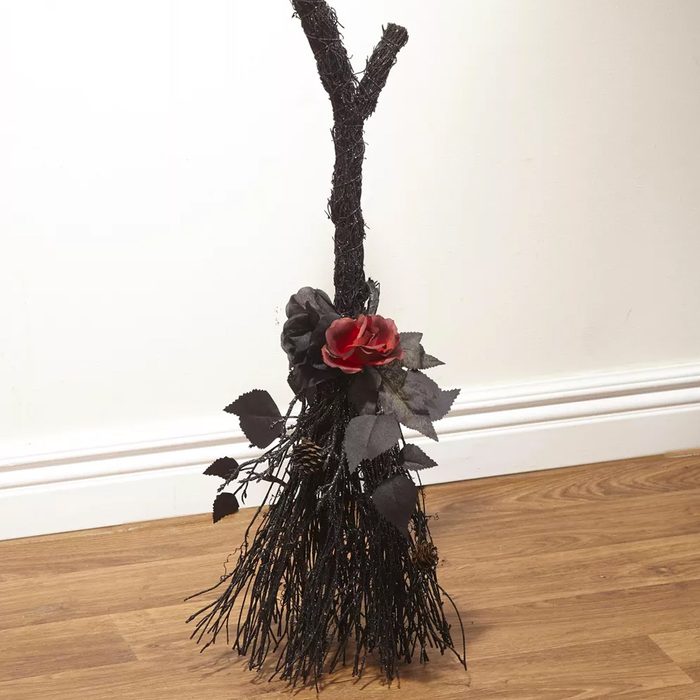 Lakeside Gothic Rose Halloween Witches Broom With Faux Red Rose Accent