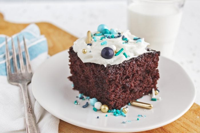 Wacky Cake with frosting and sprinkles