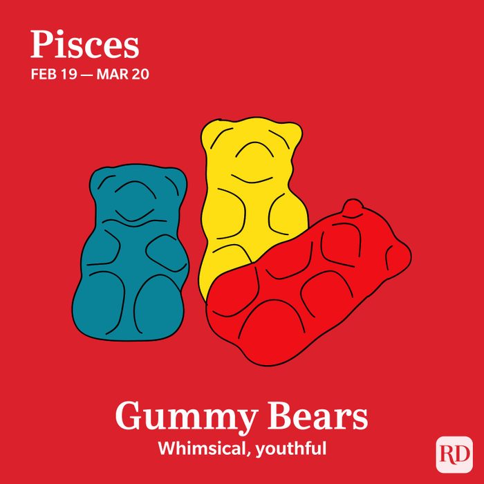 gummy bears on red background; candy for pisces