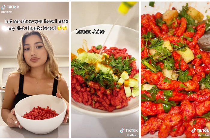 Collage Of Tiktok Showing How To Make Hot Cheeto Salad