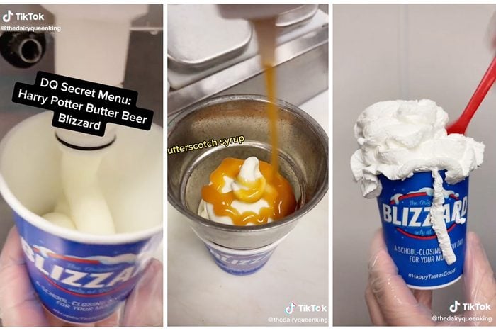 Collage Of tiktok Showing How To Make A Harry Potter Butter Beer Blizzard From Dairy Queen Secret Menu