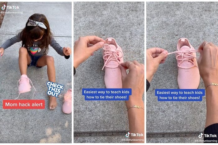 Collage Of Tiktok Showing how to teach kids to tie shoes