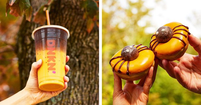 Dunkin Donuts Fall Menu 2021 Peanut Butter Cup Macchiato and Spider Donut