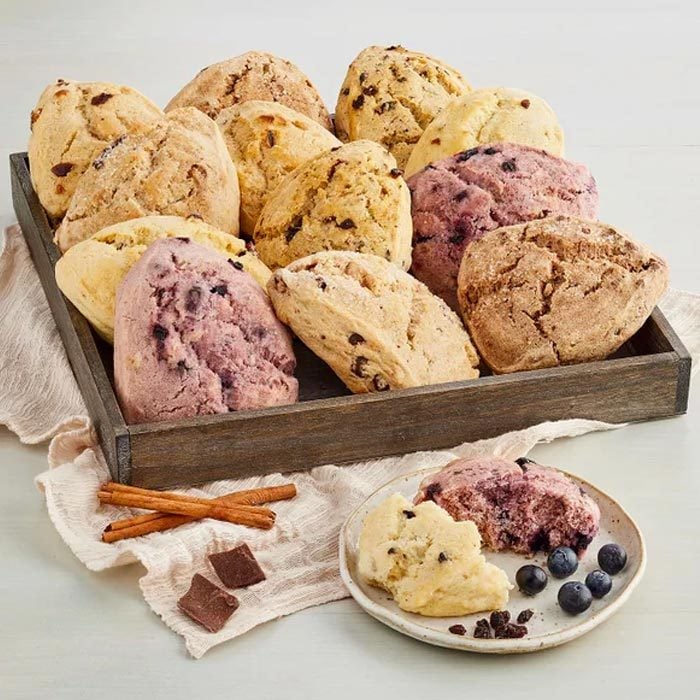 box of colorful scones and small plate