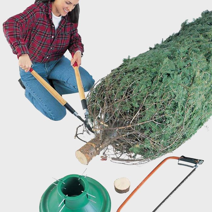 woman trimming branches off the base of a cut christmas tree