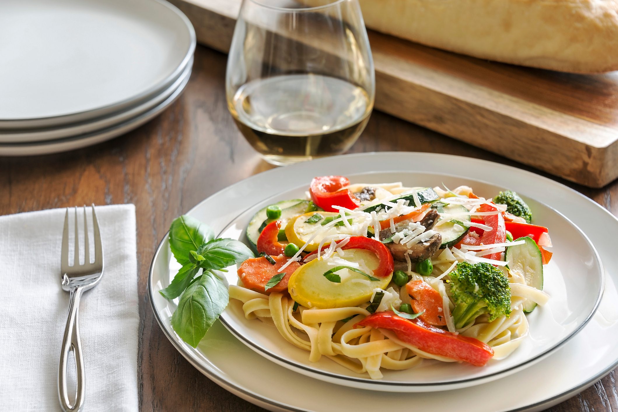 Pasta Primavera with fresh garden vegetables and pinot grigio white wine