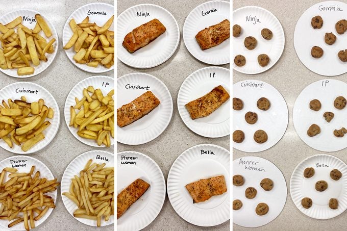 air fryer food tests with french fries, salmon and cookies