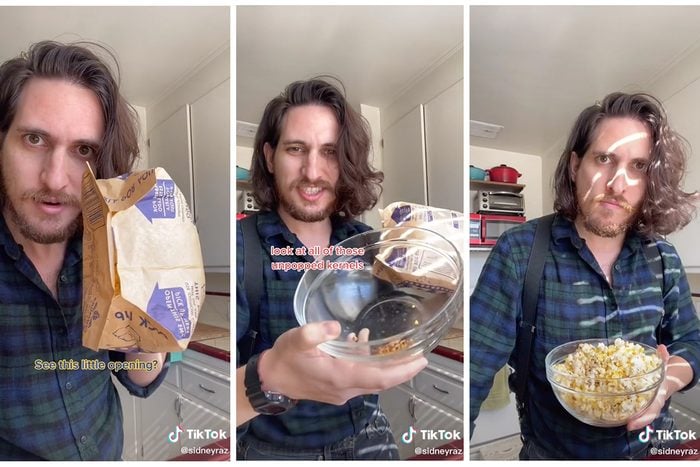 Collage Of Tiktok Showing How To Make Microwave Popcorn Better