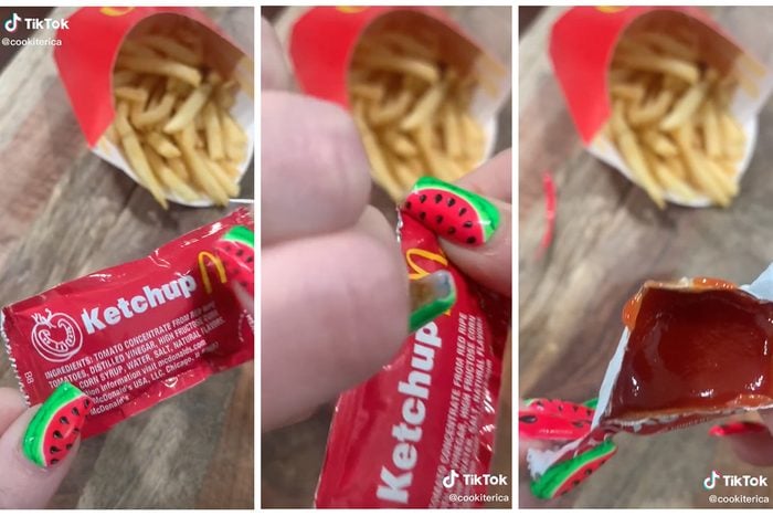 Collage Of Tiktok Showing How To Open Ketchup Packet