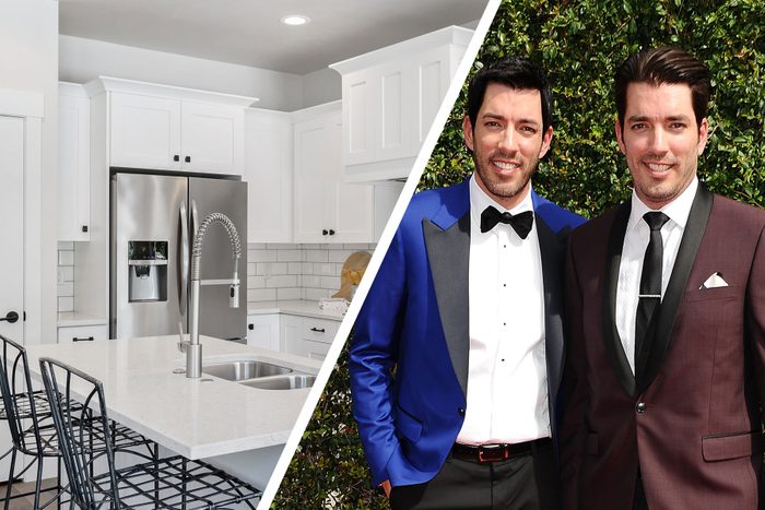 White Kitchen split screen with Property Brother Drew and Jonathan Scott