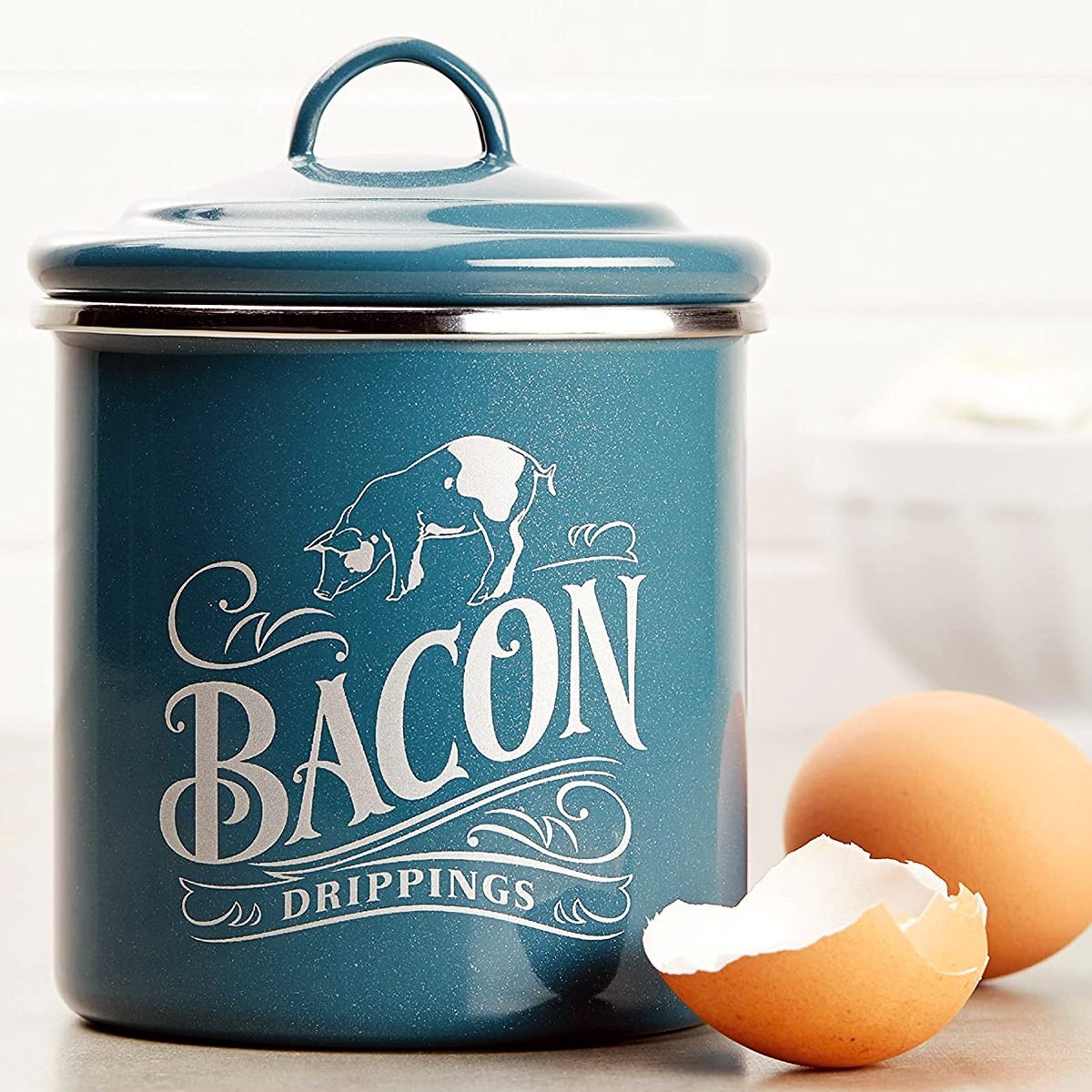 Ceramic Bacon Grease Container with Strainer - 600ml / 20oz Farmhouse Bacon Grea