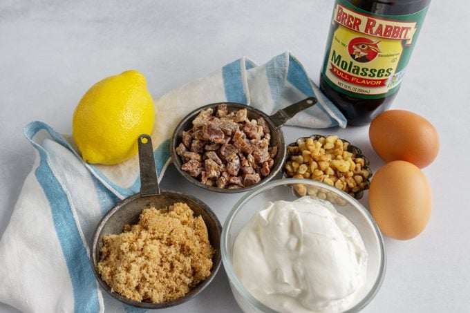 Lemon Frosted Fruit Bars ingredients laid out on marble kitchen countertop