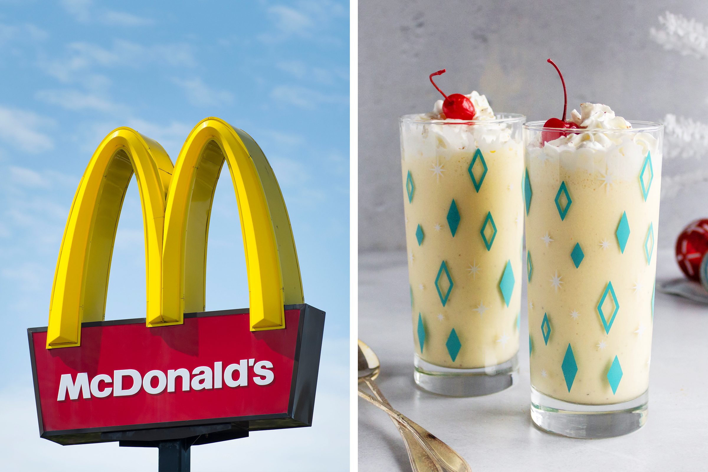 McDonald's arches and McDonald's Copycat Eggnog Milkshake side by side