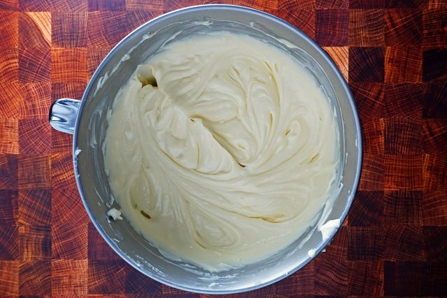 creamy basque cheesecake filling in mixer bowl