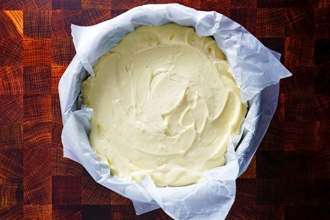 basque cheesecake filling in pan ready to bake