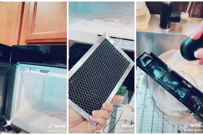 Collage Of Tiktok Showing How To Clean Microwave Filter
