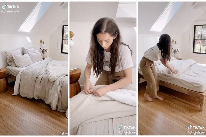 Collage Of Tiktok Showing How To Put On Duvet Cover